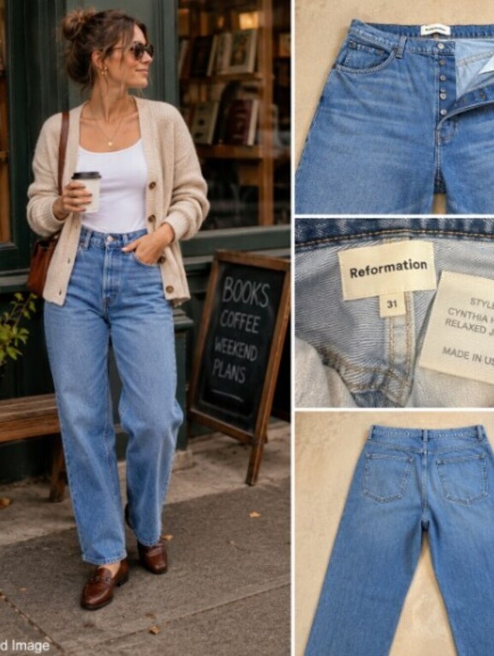 Reformation Cynthia High Rise Relaxed Jeans Womens 31 Blue Button Fly Made USA